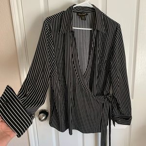 Vintage Collared Wrap Blouse Striped Top